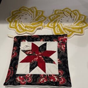 Elegant Red and Black Quilted Potholder with Yellow Crochet Coasters